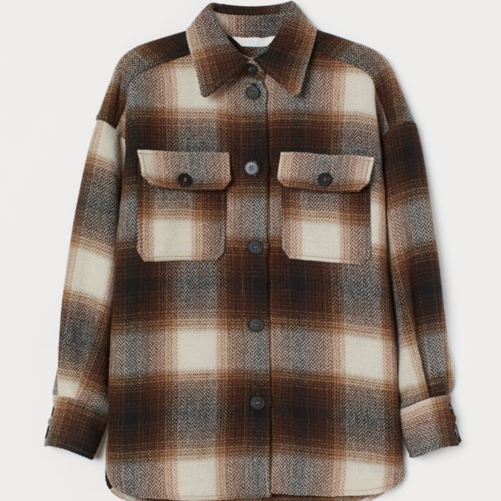 H&M Brown Plaid Check Shirt Jacket "Shacket"